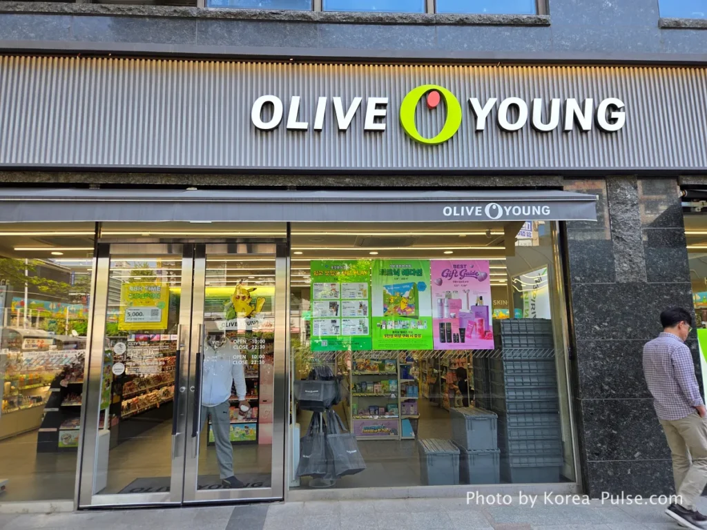 Olive Young store exterior in Korea with iconic green signage