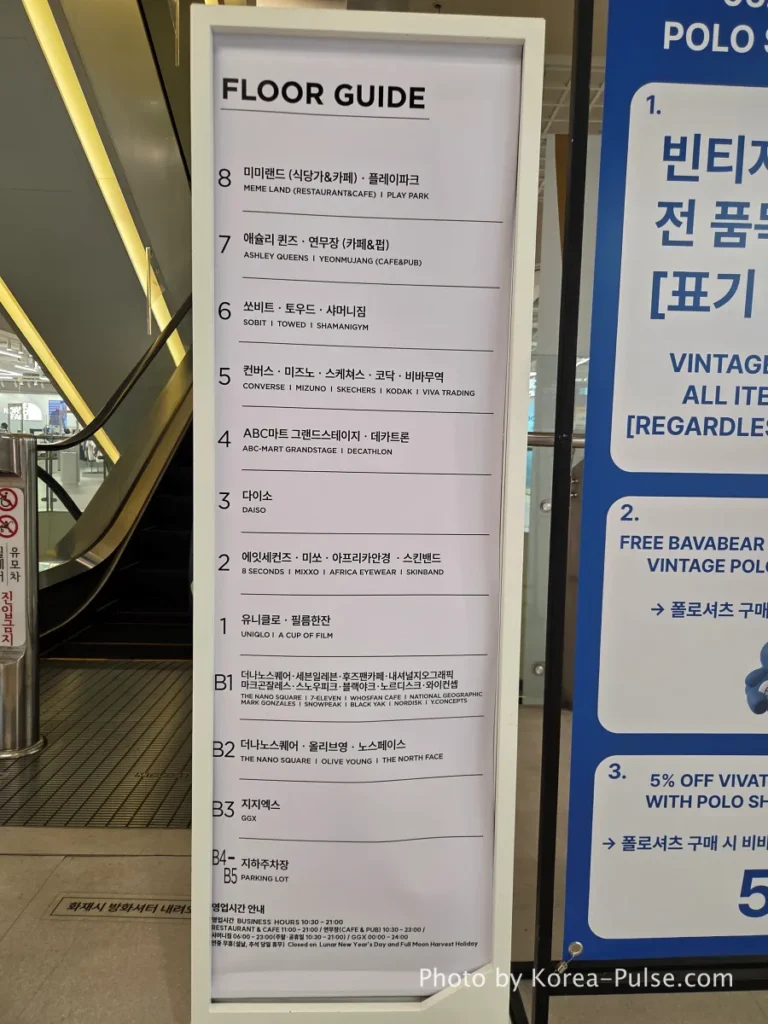 DUNDUN Dongdaemun floor guide sign and escalator interior showing all 8 floors in DUNDUN Dongdaemun
