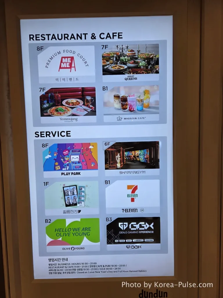 8F floor directory and restaurant cafe guide board at DUNDUN Dongdaemun showing all dining options