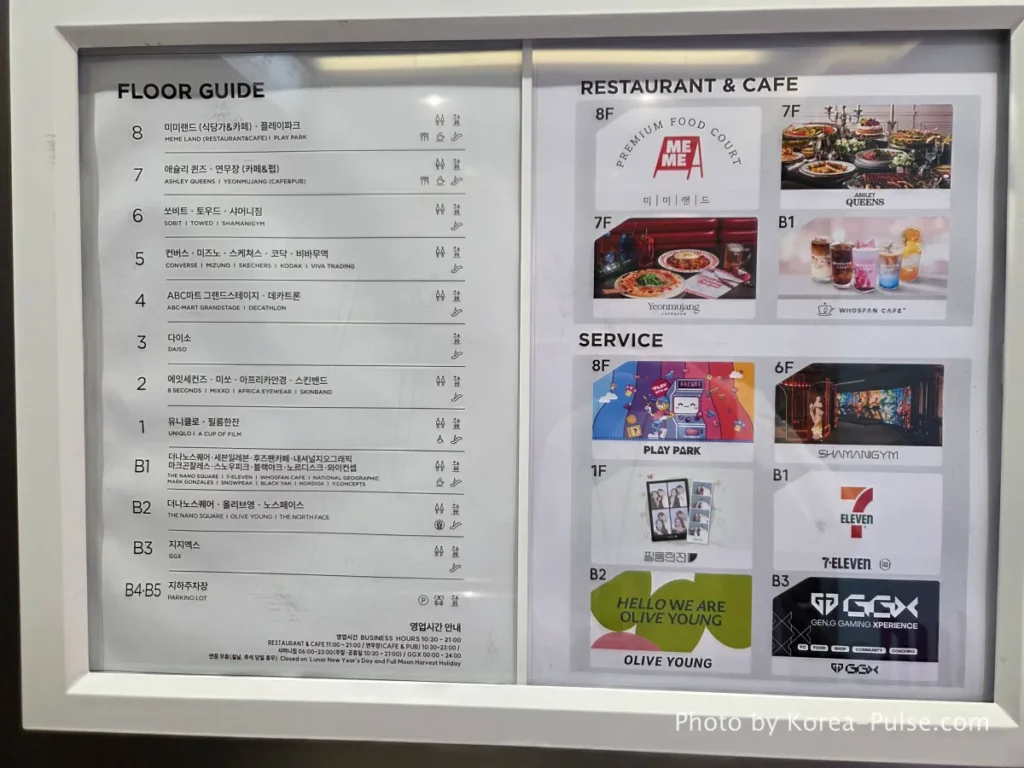8F floor directory and restaurant cafe guide board at DUNDUN Dongdaemun showing all dining options