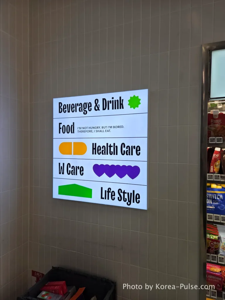 Olive Young Myeongdong Town wellness zone wall sign showing Beverage and Drink Food Health Care Inner Care and Life Style categories under the Olive Better brand