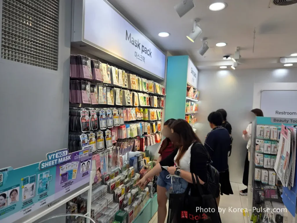 Daiso Myeongdong, Floor by FloorA 12-Story Shopping Survival Guide 7 Mask pack wall display with VT No.1 Sheet Mask on 2nd floor Daiso Myeongdong Station branch Seoul