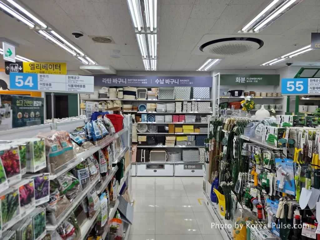 Daiso Myeongdong, Floor by FloorA 12-Story Shopping Survival Guide 24 Rattan baskets gardening tools and flower pots display on 10th floor Daiso Myeongdong Station branch Seoul