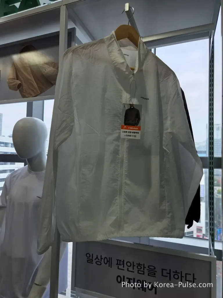 Daiso Myeongdong, Floor by FloorA 12-Story Shopping Survival Guide 28 Lightweight windbreaker jacket displayed on 12th floor Daiso Myeongdong Station branch Seoul