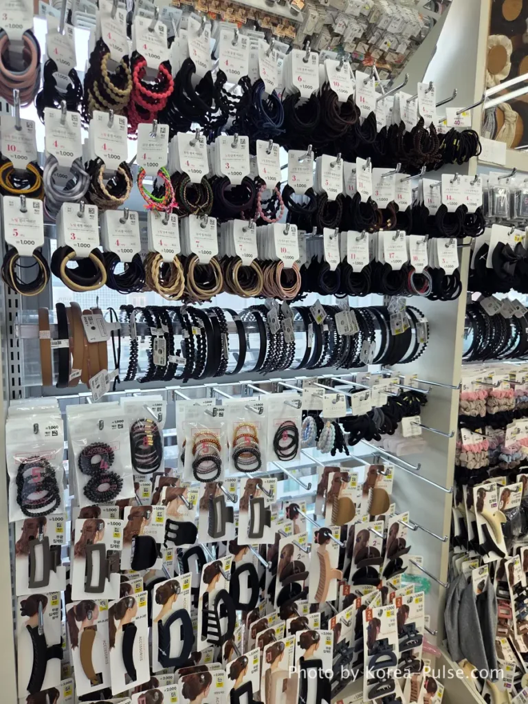 Daiso Myeongdong, Floor by FloorA 12-Story Shopping Survival Guide 29 Hair bands hair clips and accessories wall display on 12th floor Daiso Myeongdong Station branch Seoul