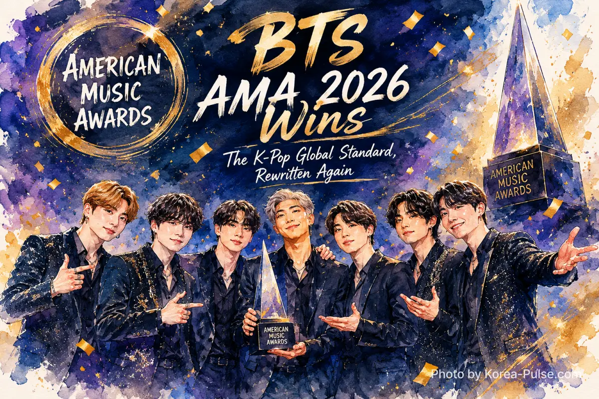 Beautiful watercolor illustration of BTS commemorating their historic wins at the 2026 American Music Awards (BTS AMA 2026 Wins)
