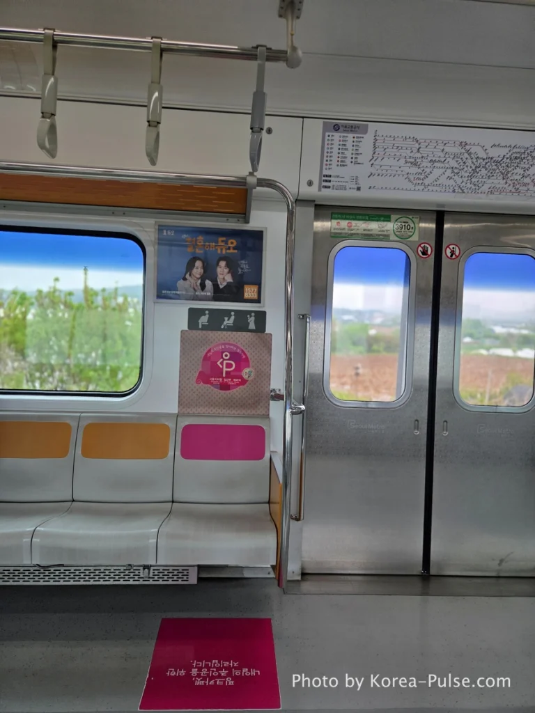 Pink carpet priority seating on Seoul Metro subway for pregnant women