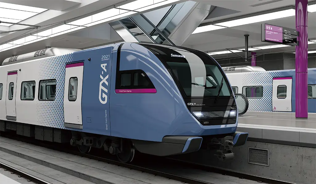 GTX-A Great Train Express train at the platform, showing the sleek blue exterior design