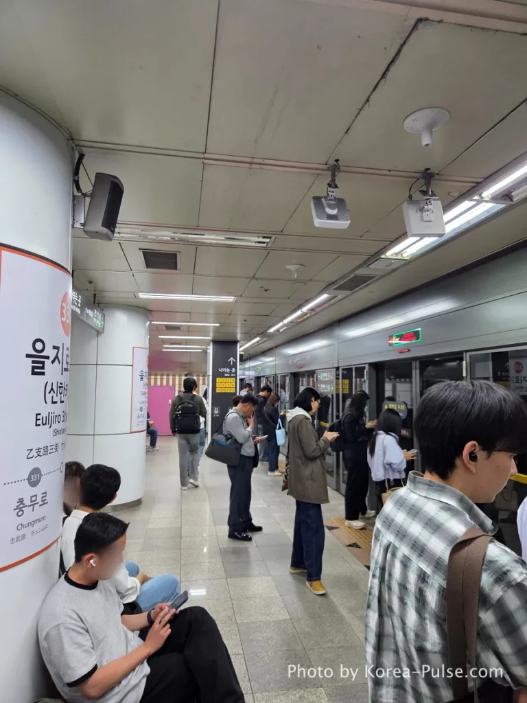 Passengers queuing in orderly single file on Seoul Metro platform in front of closed screen doors. Seoul Subway Guide: Rush Hour on Line 3