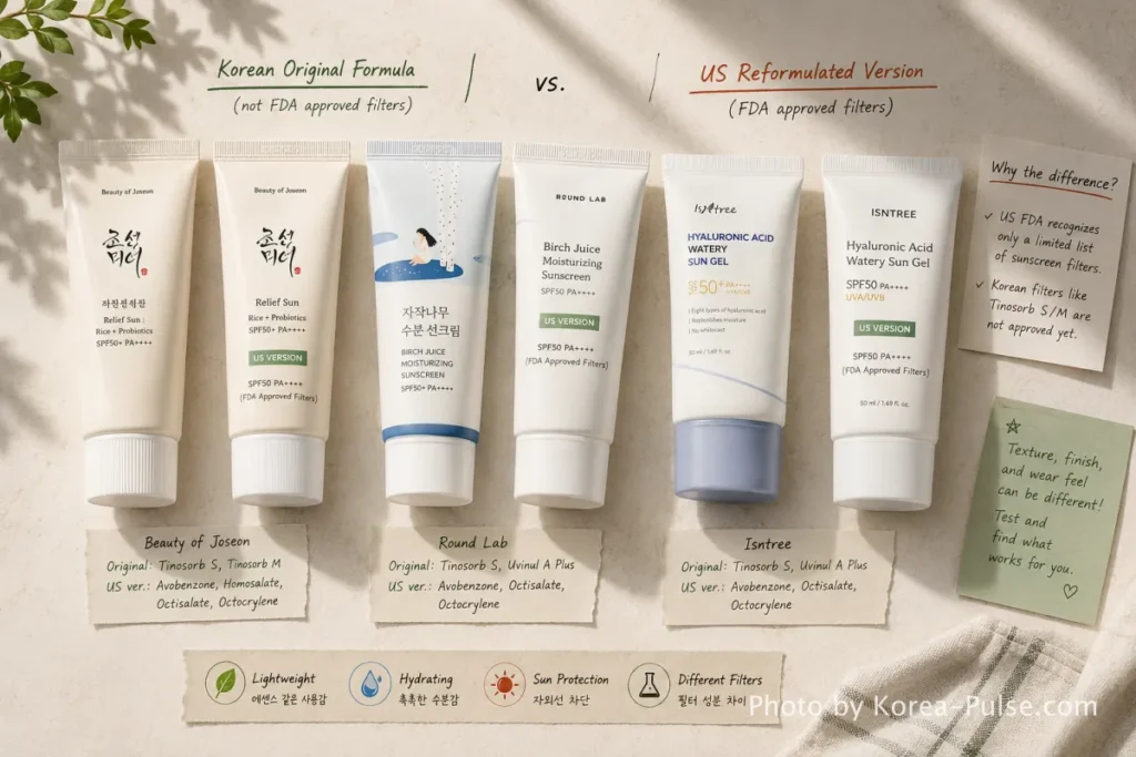 Korean sunscreen original formula versus FDA-approved US reformulated version comparison flat lay