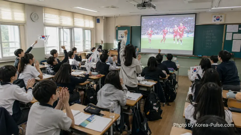 Korean middle school students cheering Korea Republic FIFA World Cup 2026 match on classroom projector screen with Korean flags