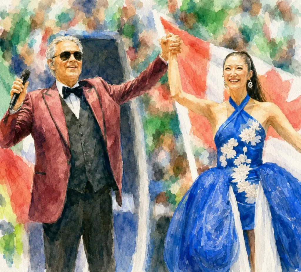 EJAE and Andrea Bocelli performing DNA at FIFA World Cup 2026 opening ceremony Estadio Azteca Mexico City watercolor illustration. K-pop World Cup 2026.