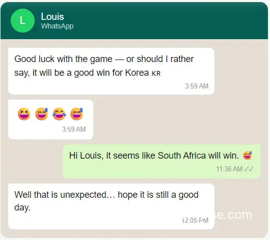 WhatsApp conversation between Global Dad and Ethiopian colleague Louis about Korea World Cup 2026 South Africa match