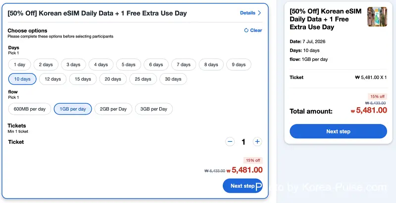 Korea eSIM checkout on Agoda Activities showing 5,481 won total for 10 days