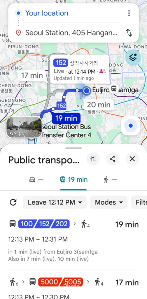 Google Maps in Korea: The 19-Year Wait Is Almost Over ― What to Install Before You Land 4 Google Maps public transit route options from Euljiro to Seoul Station showing 19 minutes