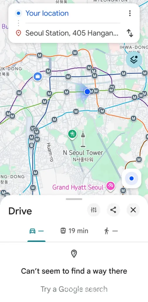 Google Maps in Korea: The 19-Year Wait Is Almost Over ― What to Install Before You Land 5 Google Maps in Korea showing no driving directions available with the message cant seem to find a way there