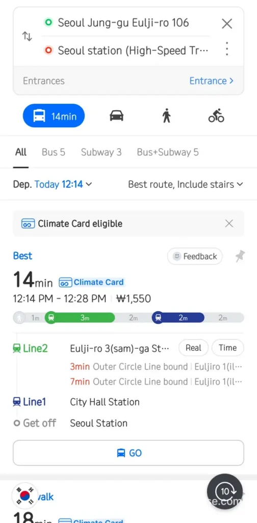 Google Maps in Korea: The 19-Year Wait Is Almost Over ― What to Install Before You Land 8 Naver Map transit route from Euljiro to Seoul Station showing 14 minutes and 1550 won fare in English