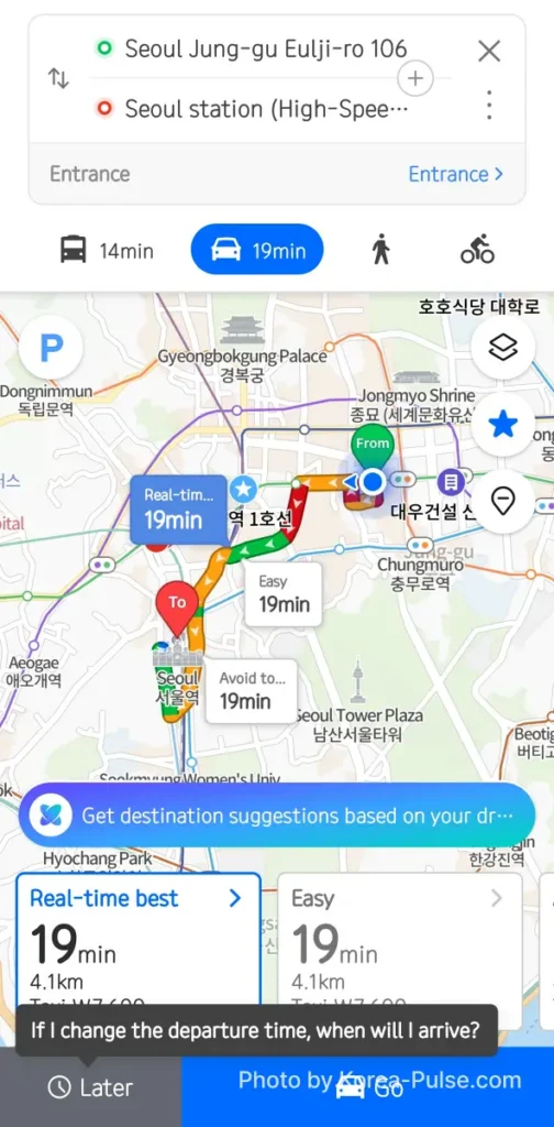 Google Maps in Korea: The 19-Year Wait Is Almost Over ― What to Install Before You Land 9 Naver Map driving route options to Seoul Station showing 19 minutes and 4.1 km with real time traffic