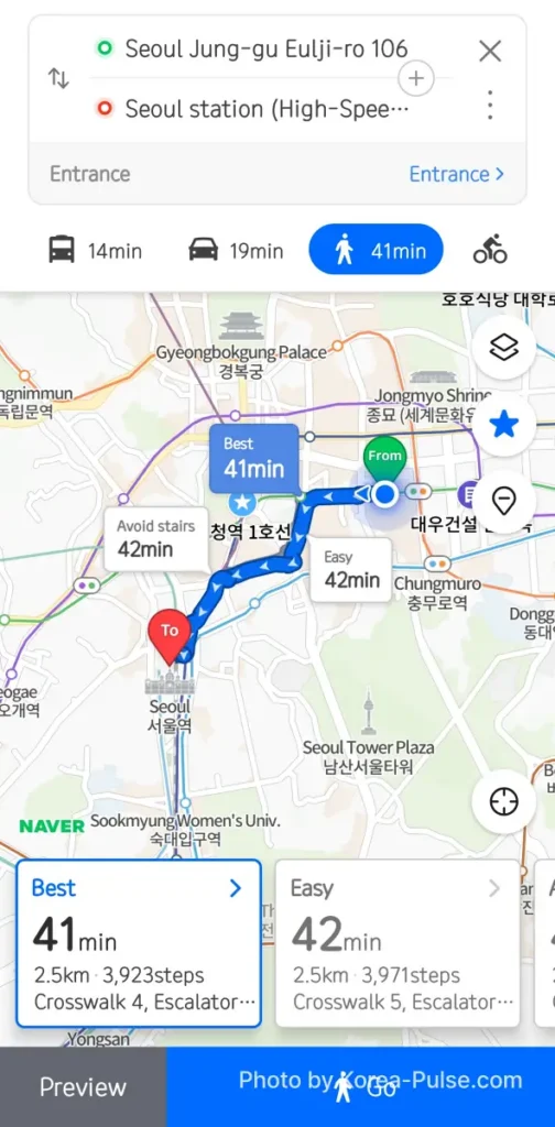 Google Maps in Korea: The 19-Year Wait Is Almost Over ― What to Install Before You Land 10 Naver Map walking route to Seoul Station showing 41 minutes 2.5 km and 3923 steps with avoid stairs option
