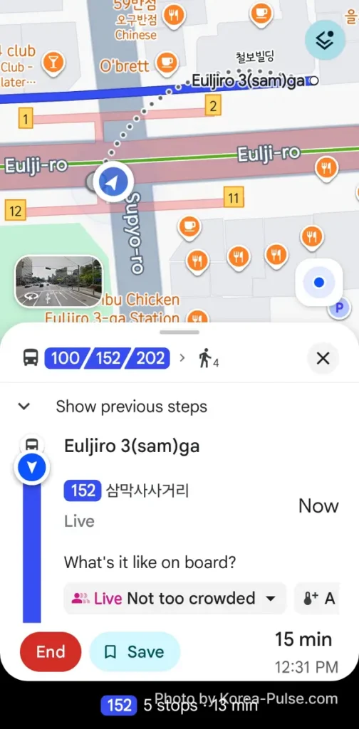 Google Maps in Korea: The 19-Year Wait Is Almost Over ― What to Install Before You Land 7 Google Maps transit navigation tracking a live bus ride with crowd level in Seoul