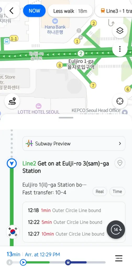 Google Maps in Korea: The 19-Year Wait Is Almost Over ― What to Install Before You Land 12 Naver Map transit navigation screen showing subway departure times and fast transfer door number