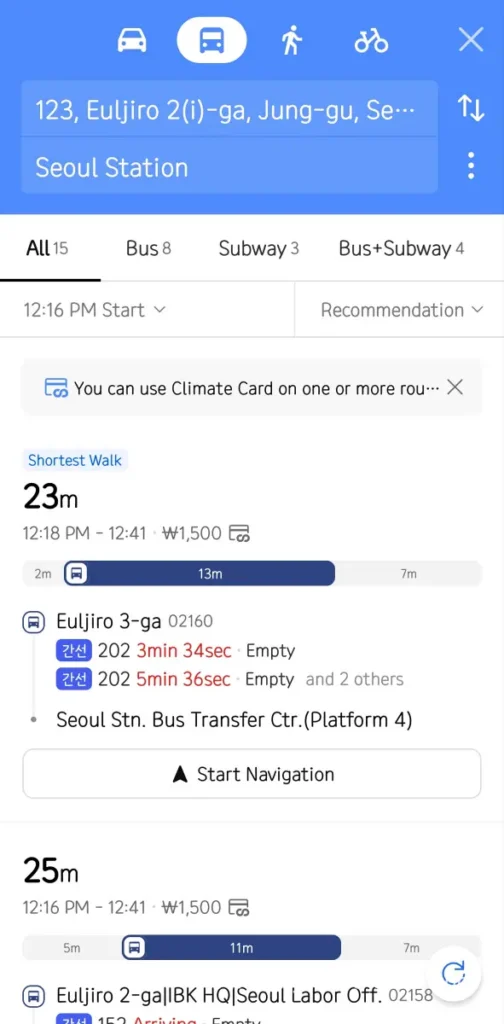 Google Maps in Korea: The 19-Year Wait Is Almost Over ― What to Install Before You Land 17 KakaoMap transit route options to Seoul Station showing 23 minute bus route with live arrivals