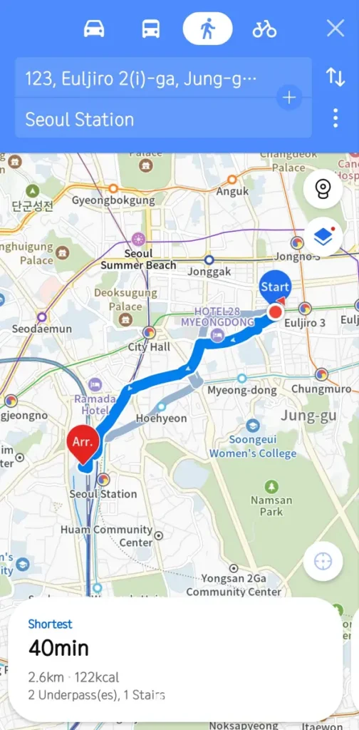 Google Maps in Korea: The 19-Year Wait Is Almost Over ― What to Install Before You Land 18 KakaoMap walking route to Seoul Station showing 40 minutes 2.6 km and 122 kcal