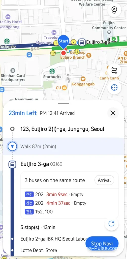 Google Maps in Korea: The 19-Year Wait Is Almost Over ― What to Install Before You Land 19 KakaoMap bus navigation to Seoul Station showing five stops route from Euljiro