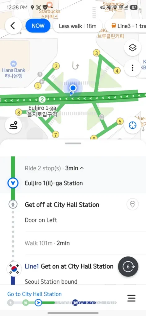 Google Maps in Korea: The 19-Year Wait Is Almost Over ― What to Install Before You Land 22 Naver Map live position on Line 2 subway showing transfer at next station