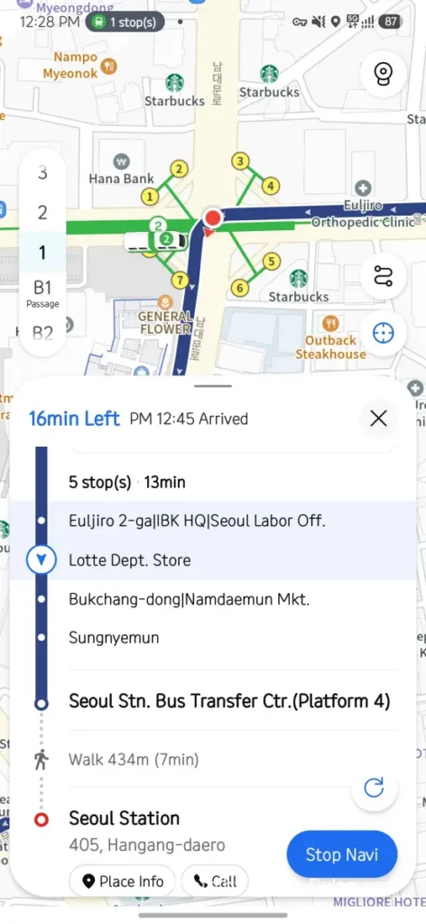 Google Maps in Korea: The 19-Year Wait Is Almost Over ― What to Install Before You Land 23 KakaoMap live position showing 16 minutes remaining to Seoul Station by bus