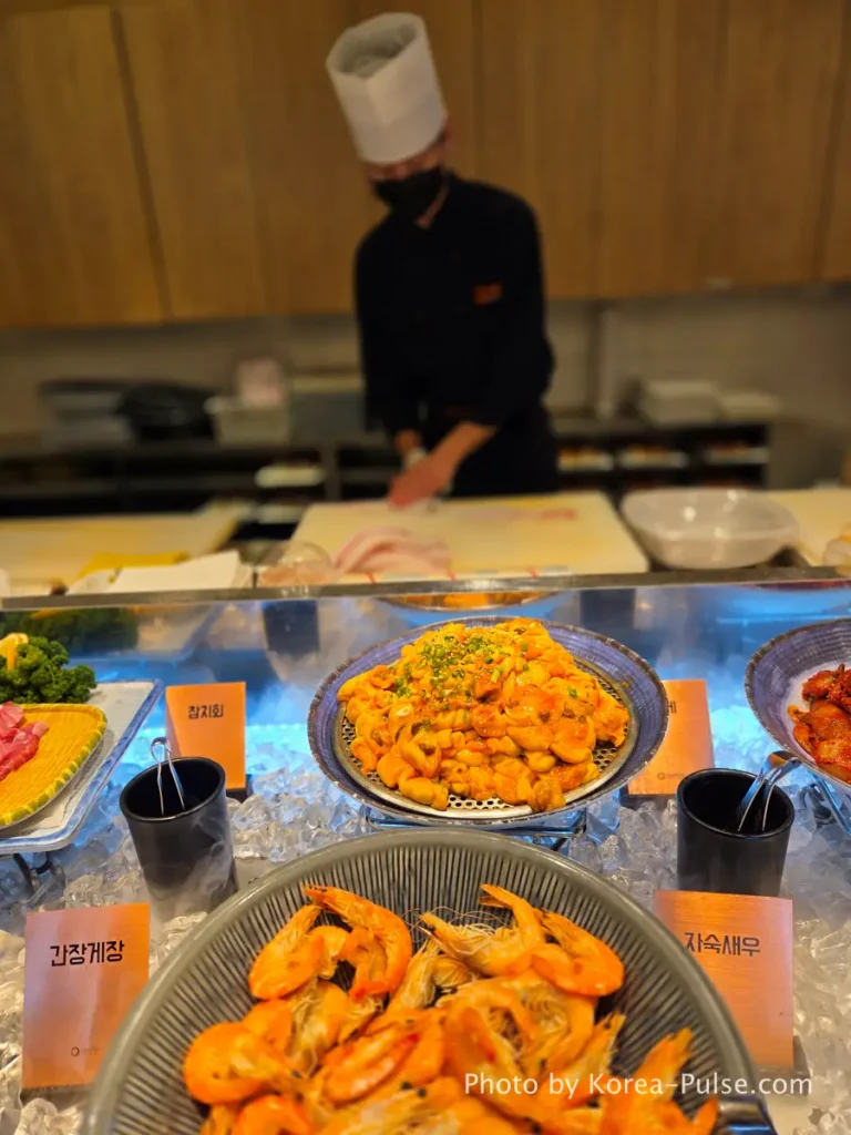 The 120-Dish Question: Inside QooQoo, Korea's Sushi Buffet Phenomenon 19 Ganjang gejang soy marinated crab and boiled shrimp at QooQoo special corner