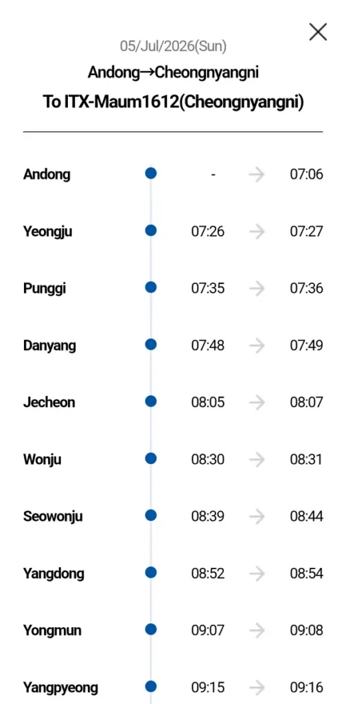Korail Talk booking guide ITX-Maum 1612 timetable Andong to Cheongnyangni stops