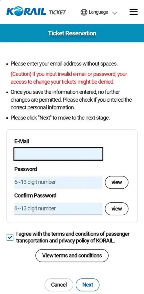 Korail Talk booking guide guest email password registration screen