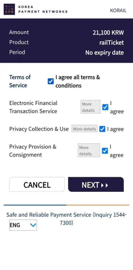 Korail Talk booking guide Korea Payment Networks terms agreement screen